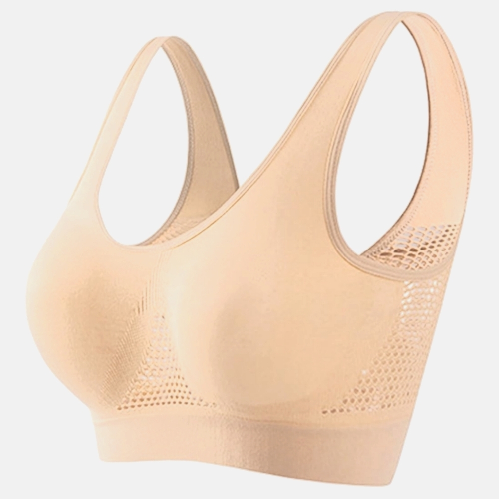 Tan Sports Bra with Wide Straps and Supportive Band